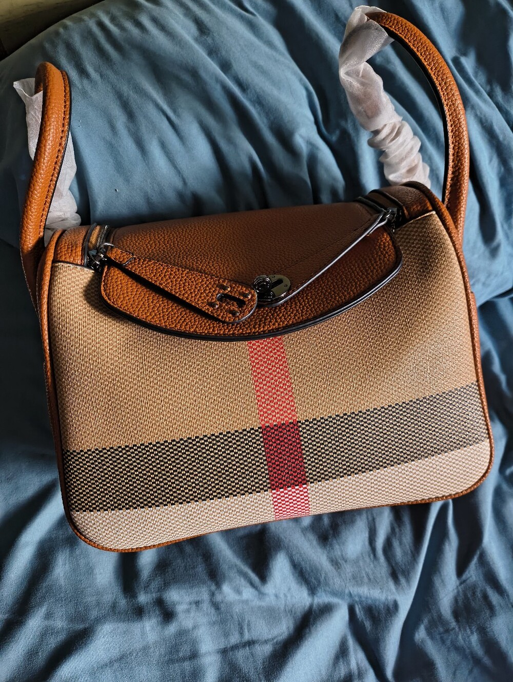 Brown Trim Plaid  Shoulder Bag with Turn-Lock Closure